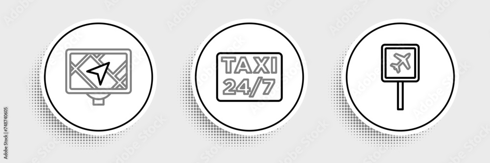 Set line Airport, Gps device with map and Location taxi icon. Vector Set line Airport, Gps device with map and Location taxi icon. Vector