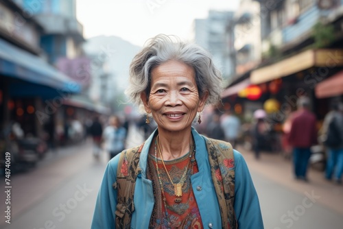 Happy elderly asian woman smiling positively with blurred street background in macro view