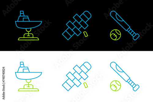 Set line Baseball bat with ball, Swing boat and Hopscotch icon. Vector