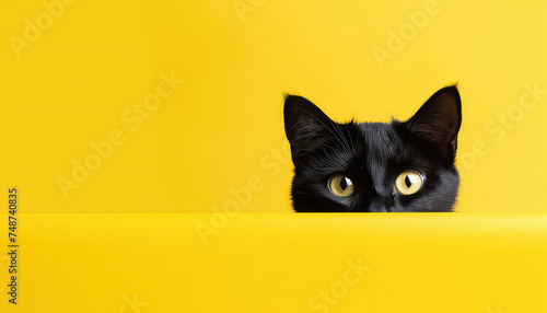 Portrait of a black cat on a yellow background, concept for Black Friday