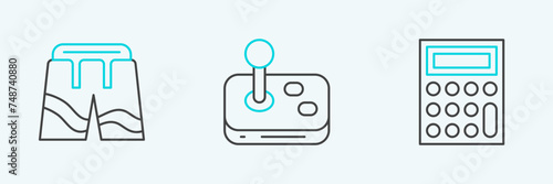 Set line Calculator, Short pants and Joystick icon. Vector