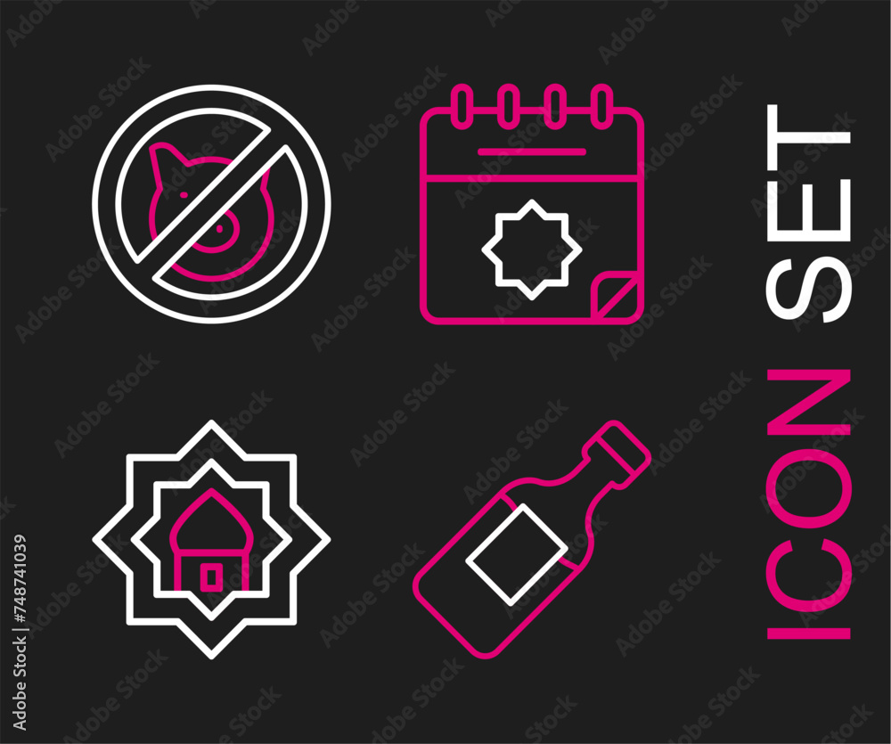 Set line Bottle of water, Muslim Mosque, Ramadan calendar and No pig icon. Vector Set line Bottle of water, Muslim Mosque, Ramadan calendar and No pig icon. Vector