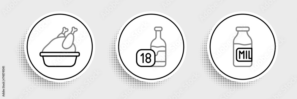 Set line Bottle with milk, Roasted turkey or chicken and Wine bottle icon. Vector Set line Bottle with milk, Roasted turkey or chicken and Wine bottle icon. Vector