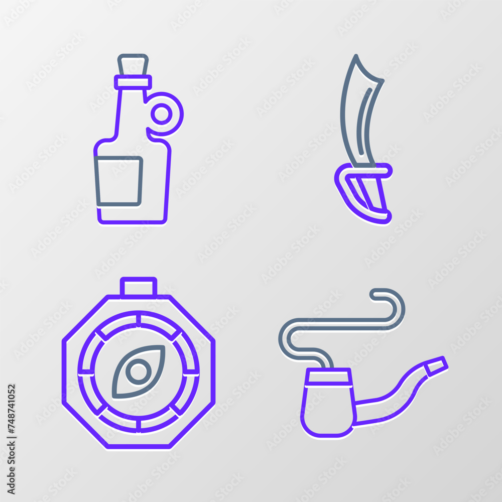 Set line Smoking pipe, Compass, Pirate sword and Alcohol drink Rum icon. Vector Set line Smoking pipe, Compass, Pirate sword and Alcohol drink Rum icon. Vector