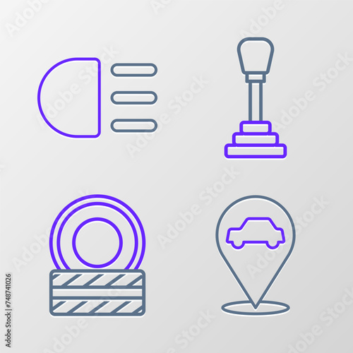 Set line Location with car service, Car tire wheel, Gear shifter and High beam icon. Vector