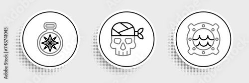 Set line Ship porthole with seascape, Compass and Pirate captain icon. Vector