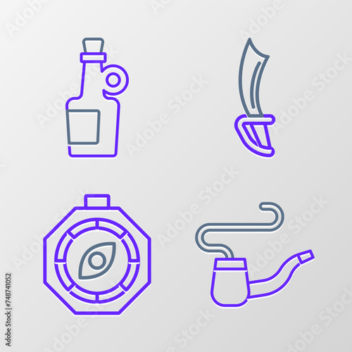 Set line Smoking pipe, Compass, Pirate sword and Alcohol drink Rum icon. Vector