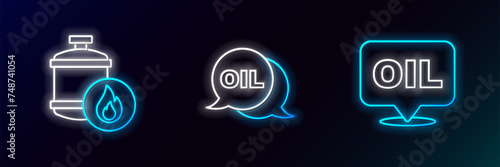 Set line Word oil, Propane gas tank and icon. Glowing neon. Vector