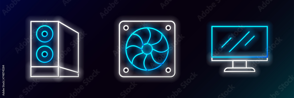 Set line Computer monitor screen, Case of computer and cooler icon. Glowing neon. Vector Set line Computer monitor screen, Case of computer and cooler icon. Glowing neon. Vector