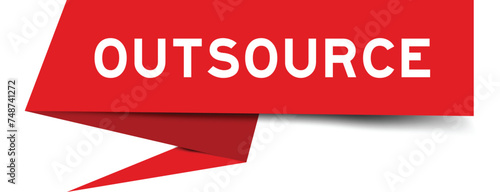 Red color speech banner with word outsource on white background