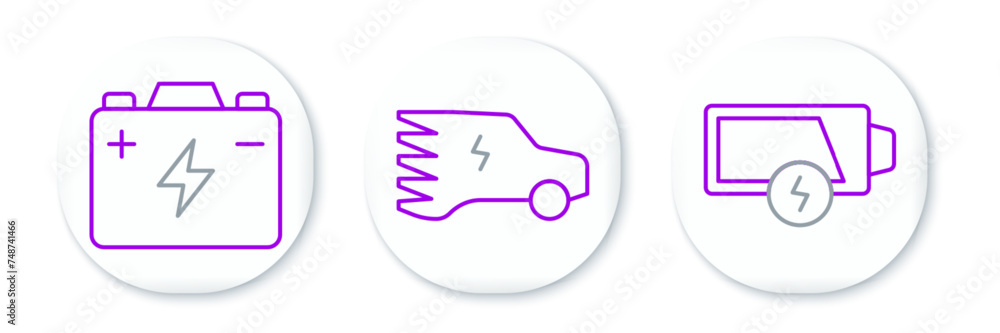 Set line Low battery, Car and Electric car icon. Vector Set line Low battery, Car and Electric car icon. Vector