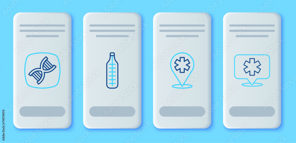 Set line Medical thermometer, Location hospital, DNA symbol and icon. Vector