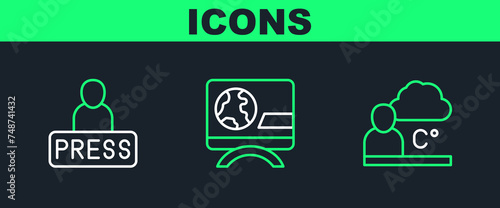 Set line Weather forecast, Journalist news and Breaking icon. Vector