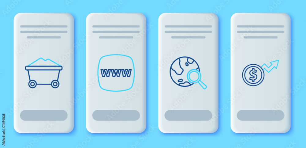 Set line Website template, Search globe, Coal mine trolley and Financial growth dollar icon. Vector Set line Website template, Search globe, Coal mine trolley and Financial growth dollar icon. Vector