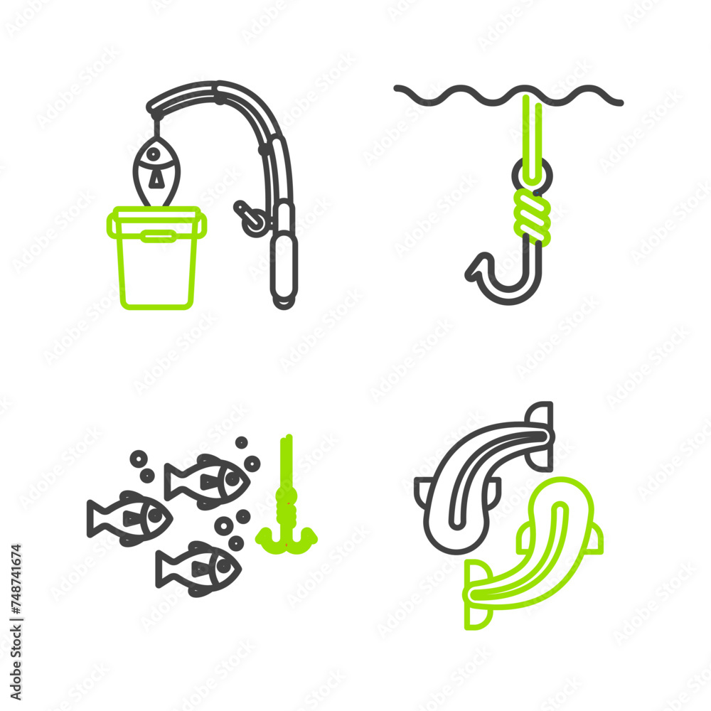 Obraz premium Set line Fish, Fishing hook under water with fish, and rod and icon. Vector