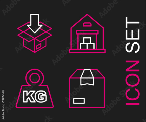 Set line Carton cardboard box, Weight, Warehouse and icon. Vector