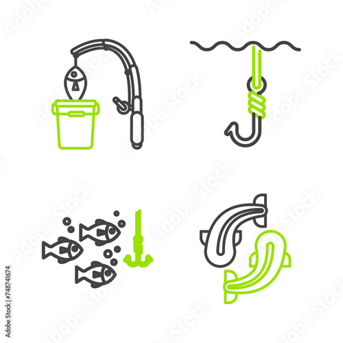 Set line Fish, Fishing hook under water with fish, and rod and icon. Vector