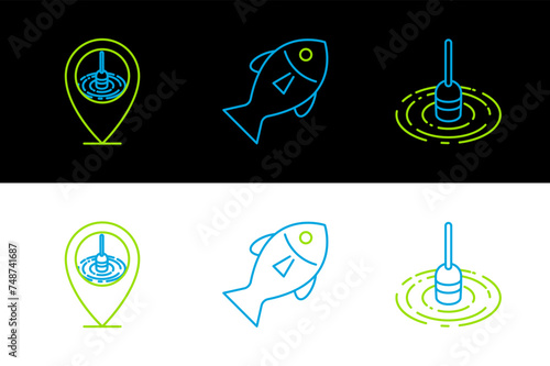 Set line Fishing float in water, Location fishing and icon. Vector
