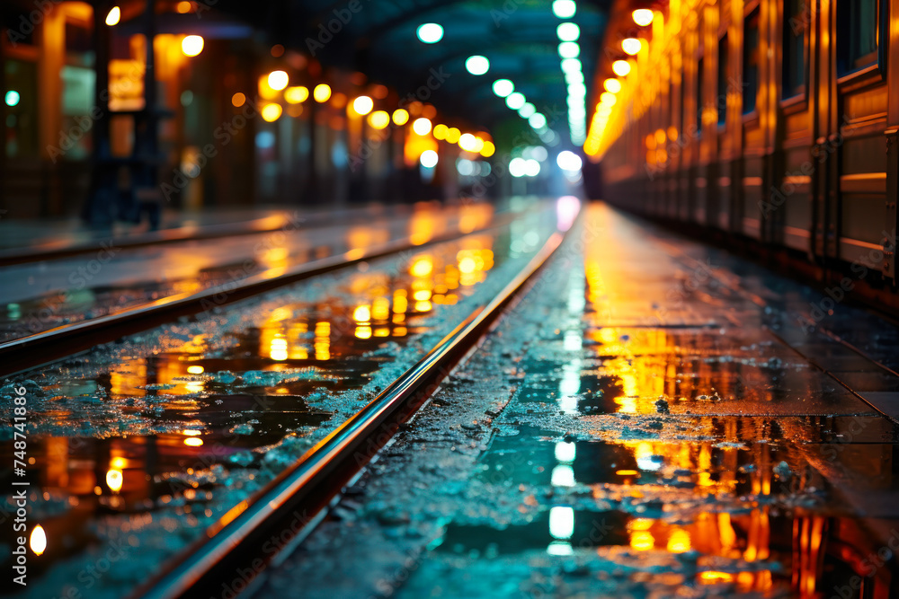 Rainy Night Reflections on City Train Platform.