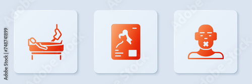 Set X-ray shots, Patient with broken leg and Head of deaf and dumb. White square button. Vector
