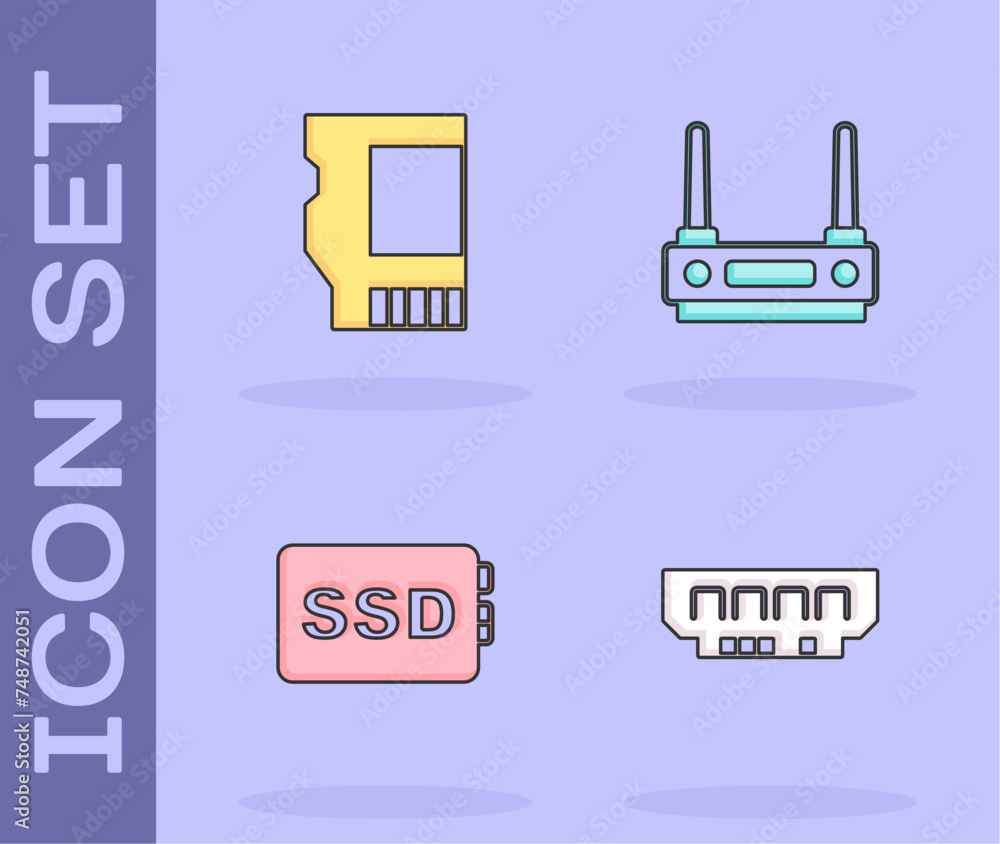 Set RAM, random access memory, SD card, SSD and Router wi-fi signal icon. Vector Set RAM, random access memory, SD card, SSD and Router wi-fi signal icon. Vector