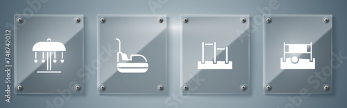 Set Volleyball net with ball, Horizontal bar, Bumper car and Attraction carousel. Square glass panels. Vector