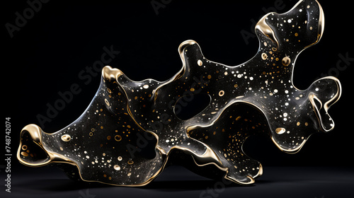 black and gold abstract sculpture with curved shape and holes