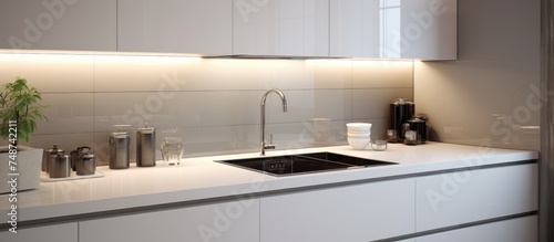 The image showcases a modern kitchen featuring glossy white cabinets, a built-in stove under a hood, and a sleek black sink with a faucet.