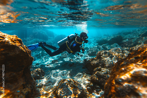Scuba Diver Exploring Underwater Coral Reef.
