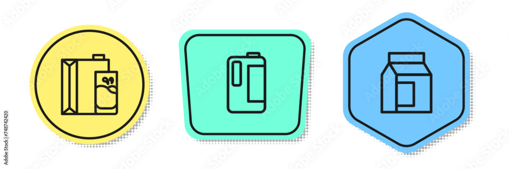Set line Paper package for milk, Milk in plastic bottle and . Colored shapes. Vector Set line Paper package for milk, Milk in plastic bottle and . Colored shapes. Vector