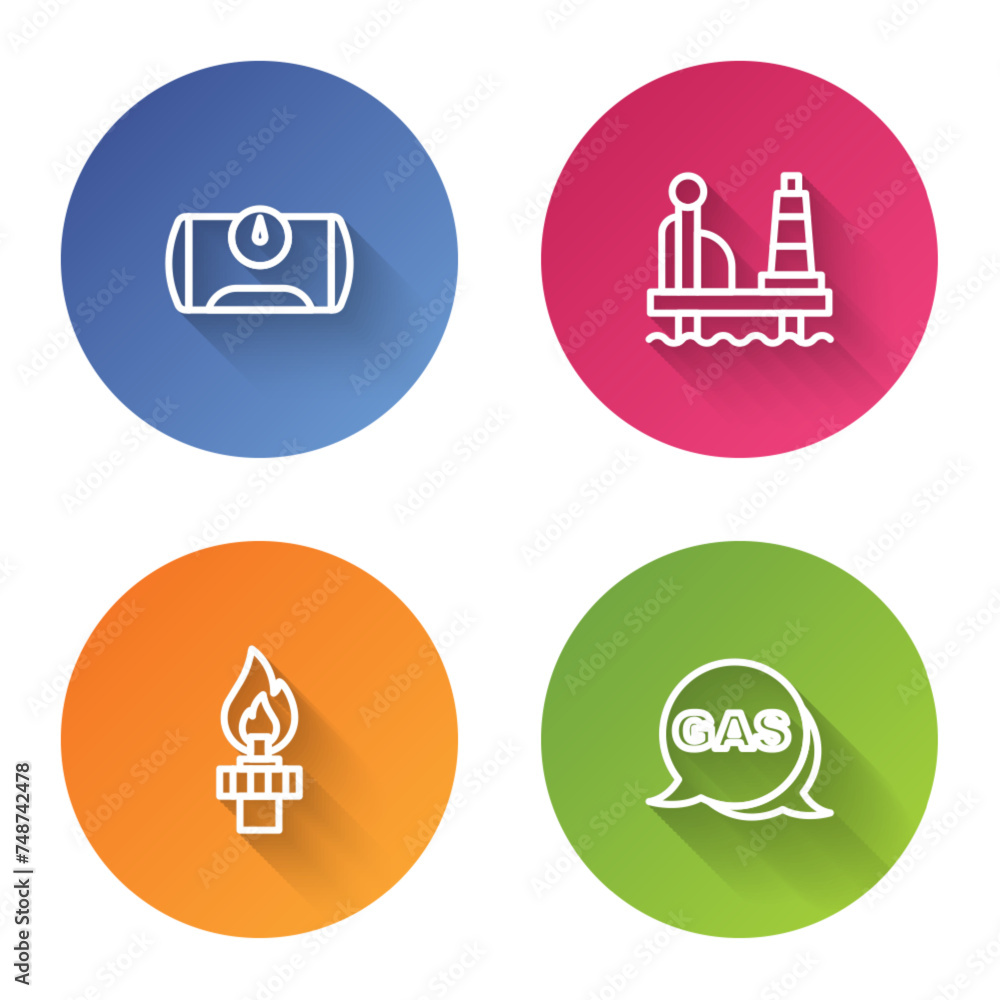 Set line Gas tank for vehicle, Oil platform in the sea, rig with fire and Location and gas station. Color circle button. Vector Set line Gas tank for vehicle, Oil platform in the sea, rig with fire and Location and gas station. Color circle button. Vector