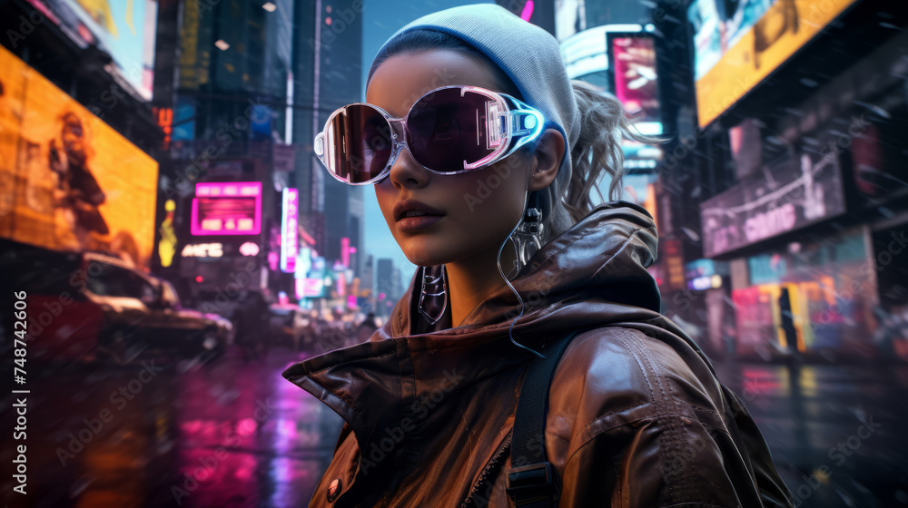 young women with augmented reality glasses in the neon city at night