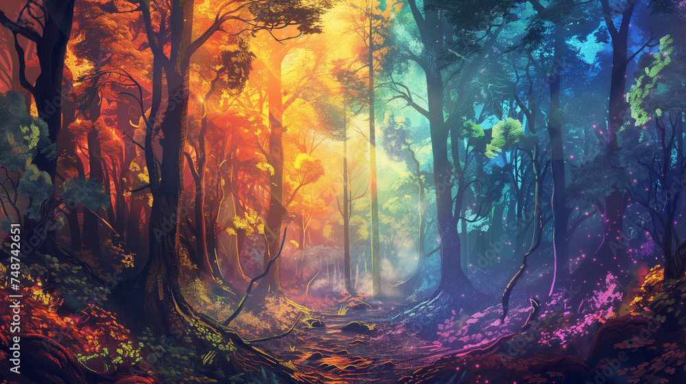 psychedelic art of colorful forest