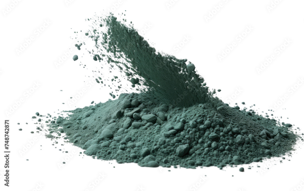 A mound of vibrant green powder is neatly stacked on a clean white surface. The fine particles form a textured heap, contrasting sharply against the pristine background.