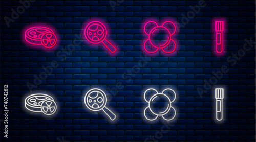 Set line Microorganisms under magnifier, Molecule, Test tube with toxic liquid and . Glowing neon icon on brick wall. Vector