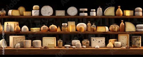 Assortment of luxury cheese wheels on a shelf, food panorama. Generative Ai.