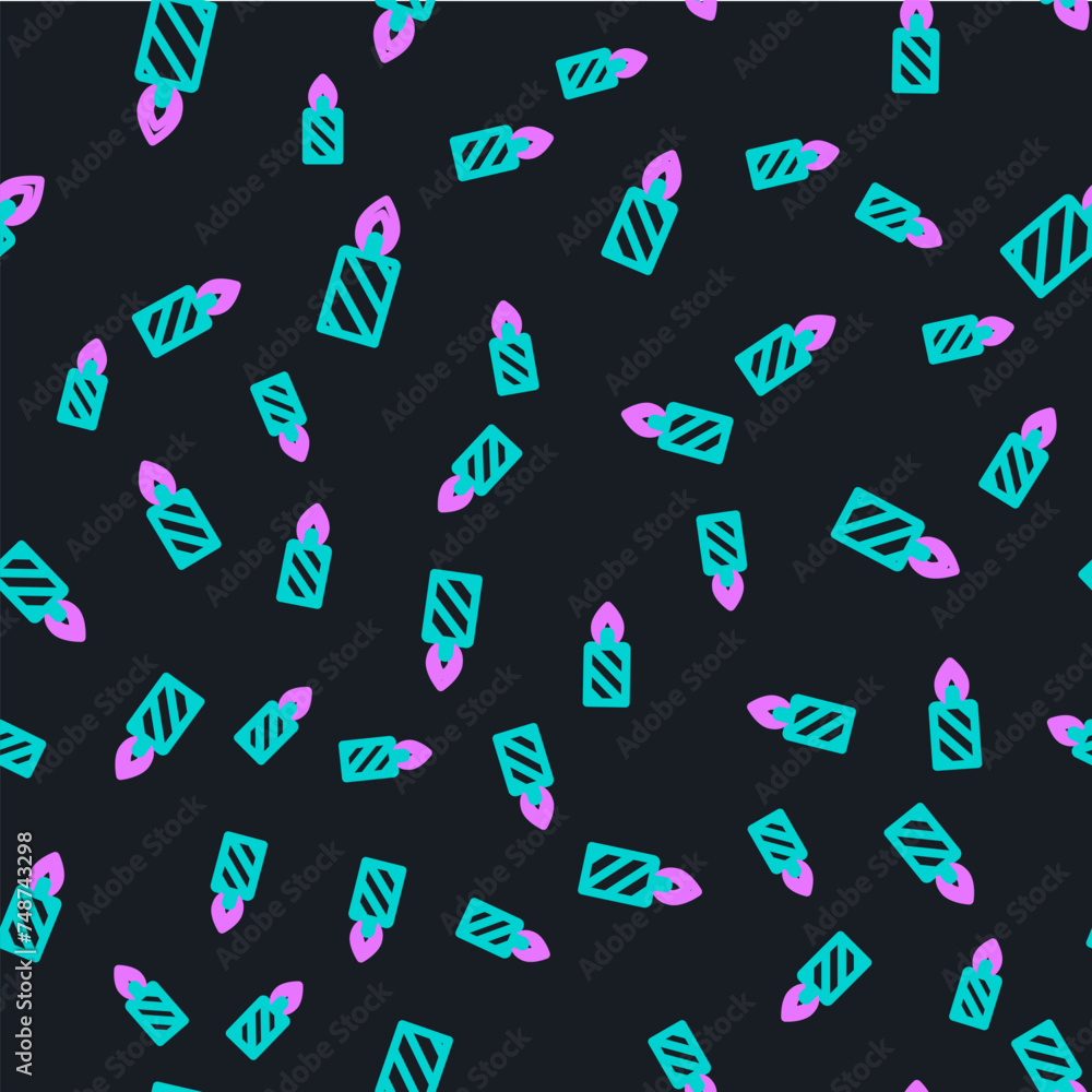 Line Burning candle in candlestick icon isolated seamless pattern on black background. Cylindrical candle stick with burning flame. Vector Line Burning candle in candlestick icon isolated seamless pattern on black background. Cylindrical candle stick with burning flame. Vector