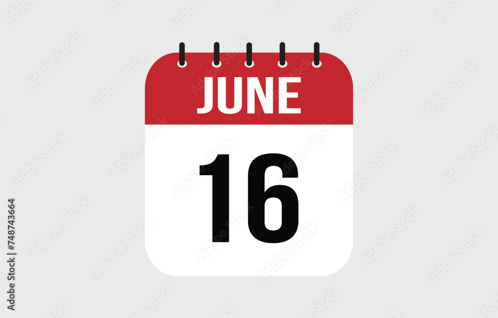 16 June Calendar. June Calendar Vector Illustration. 16 June Calendar. June Calendar Vector Illustration.