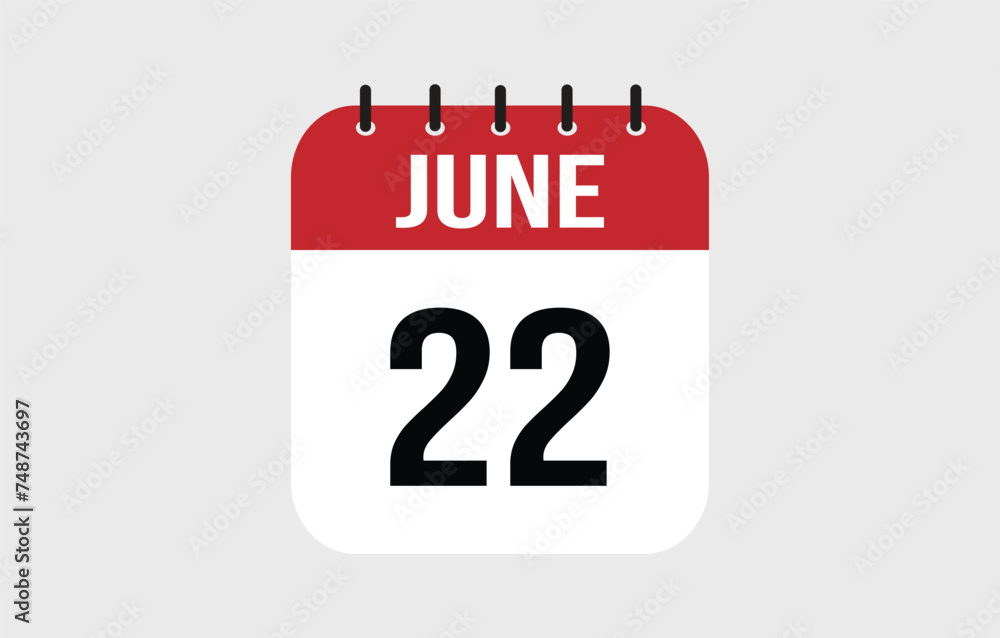22 June Calendar. June Calendar Vector Illustration. 22 June Calendar. June Calendar Vector Illustration.
