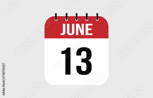 13 June Calendar. June Calendar Vector Illustration.