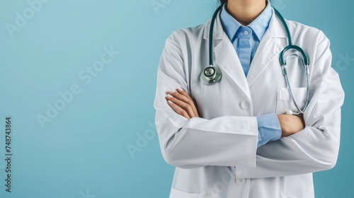 Professionalism and confidence as a healthcare professional, donning your crisp white lab coat and stethoscope, ready to provide topnotch medical care in a sterile and pristine environment. photo
