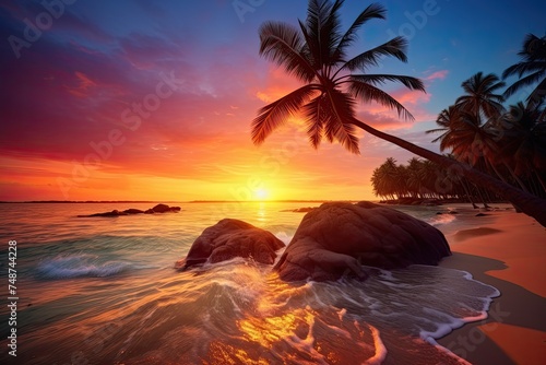 Paradise Found: Stunning Bright Sunset on a Tropical Beach With Palm Trees and Ocean Waves Crashing on the Shore