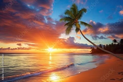Paradise Found: Stunning Tropical Sunset over a Bright Beach with Palm Trees and Crystal Clear Ocean Water