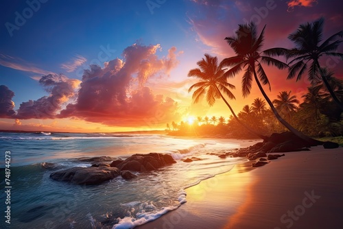 Paradise Sunset on a Tropical Beach with Palm Trees, Bright Colors, and Ocean Waves