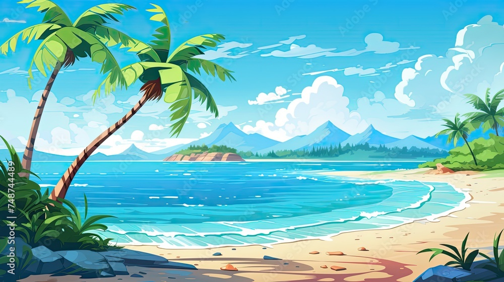 Sandy Tropical Beach with Stunning Island Backdrop and Lush Palm Leaves - A Perfect Summer Day on the Seashore