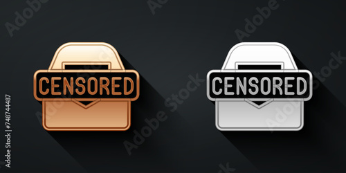 Gold and silver Censored stamp icon isolated on black background. Long shadow style. Vector