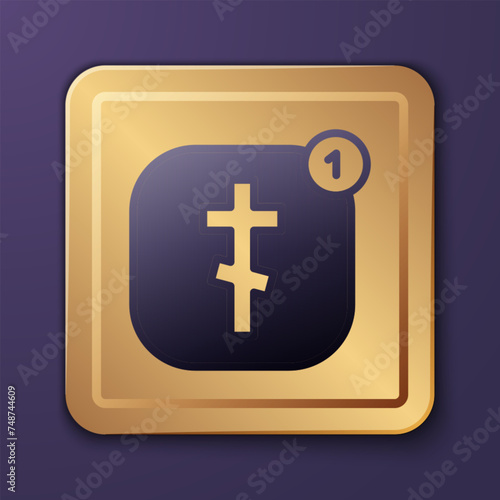 Purple Online church pastor preaching video streaming icon isolated on purple background. Online church of Jesus Christ. Gold square button. Vector