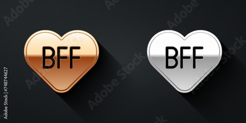 Gold and silver BFF or best friends forever icon isolated on black background. Long shadow style. Vector