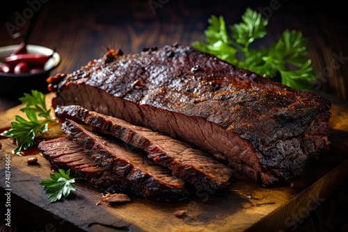 Smoked Barbecue Beef Brisket. Homemade Grilled Beef Brisket with Smoky Flavour and Juicy Texture. Perfect for Bar-B-Q and Summer Meals