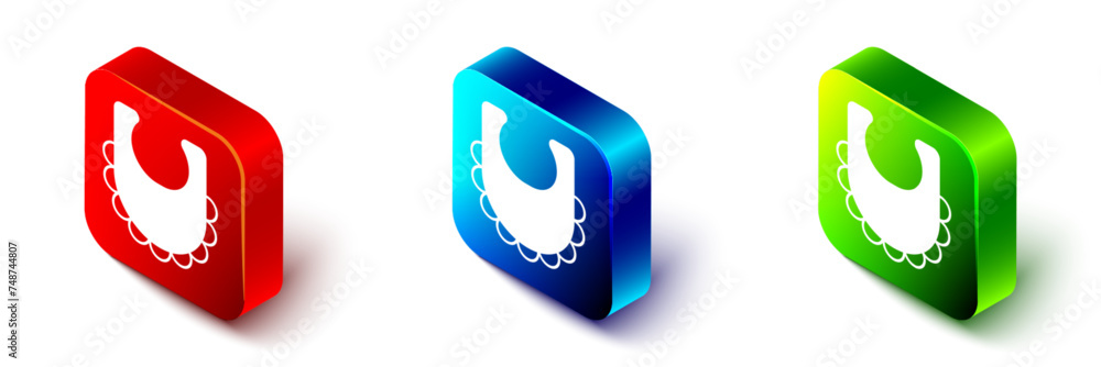 Isometric Baby bib icon isolated on white background. Red, blue and green square button. Vector Isometric Baby bib icon isolated on white background. Red, blue and green square button. Vector